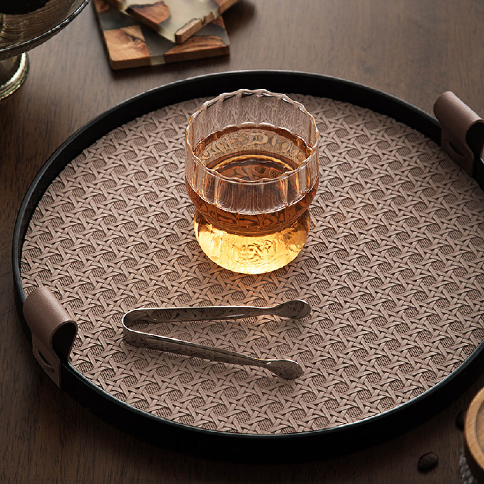 Round Weave Leather Tray