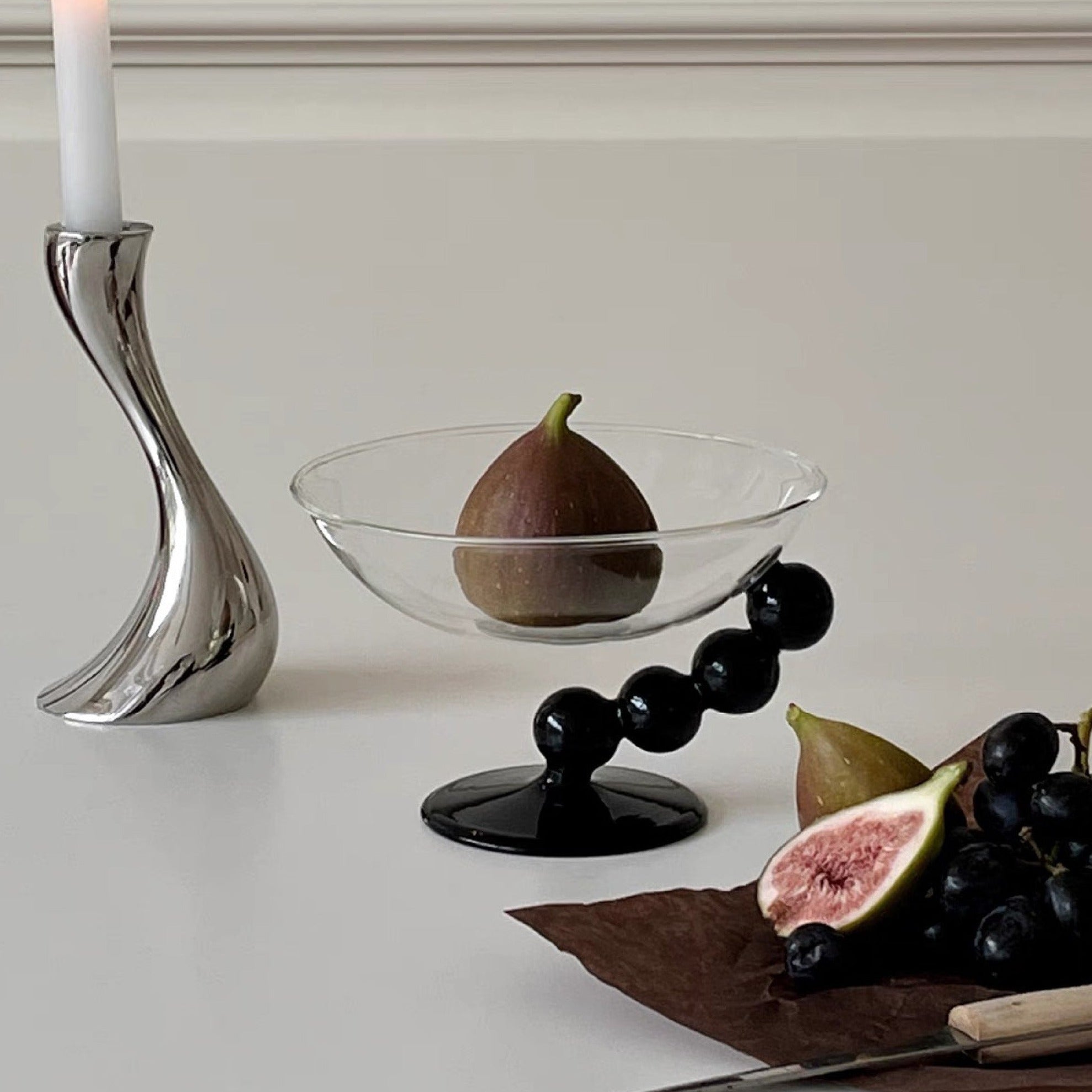 Glass Bowl with Black Curved Pearl Stem