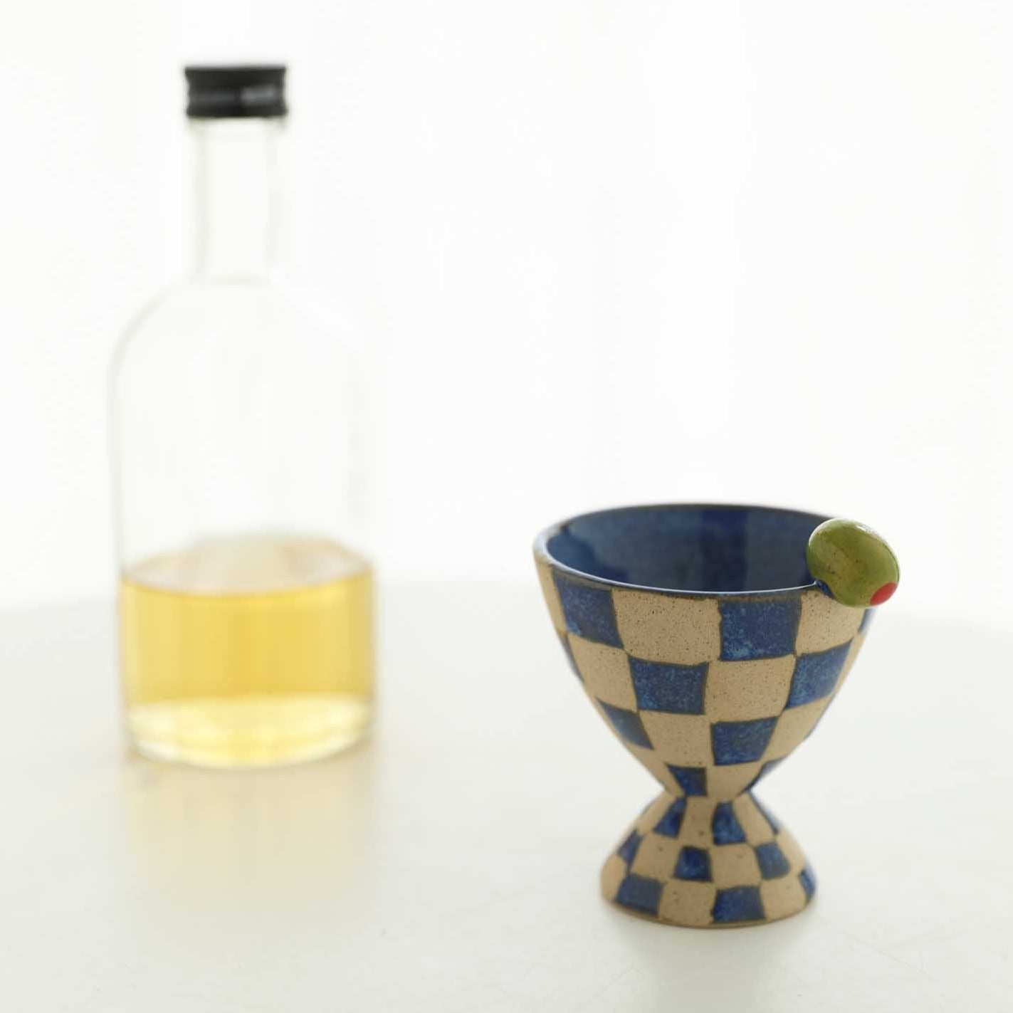 Blue Checkered Cone Cup with Olive Edge